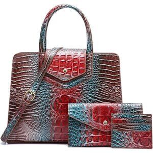 Women's Brown Vegan Leather 3 pcs Set Top Handle Embossed Pattern Satchel Bag